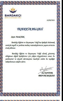 Teşekkür Belgesi — Faruk Türk